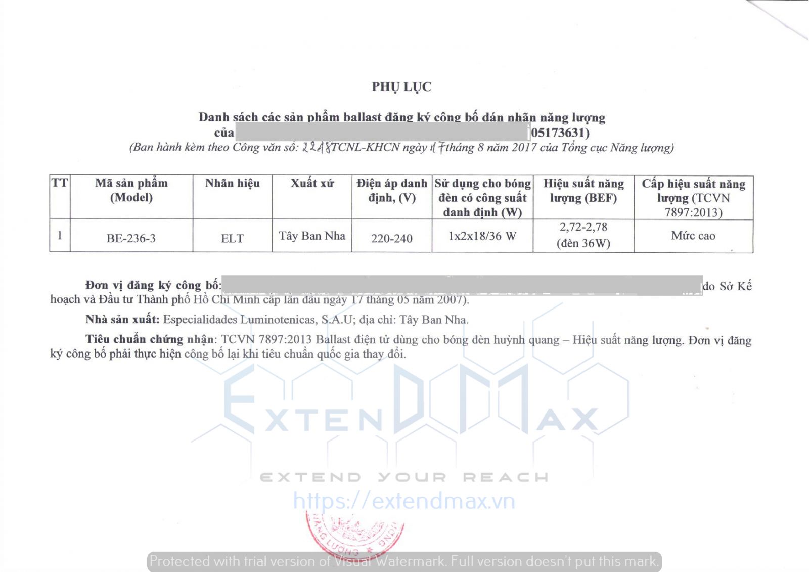 Vietnam Energy Efficiency certificate for Ballast EXTENDMAX