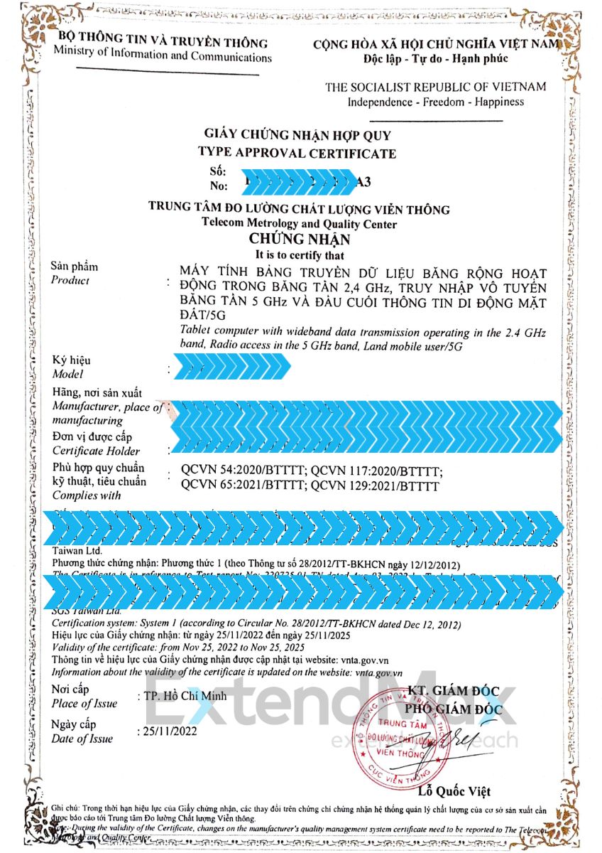 Giấy chứng nhận hợp quy máy tính bảng tablet 5G