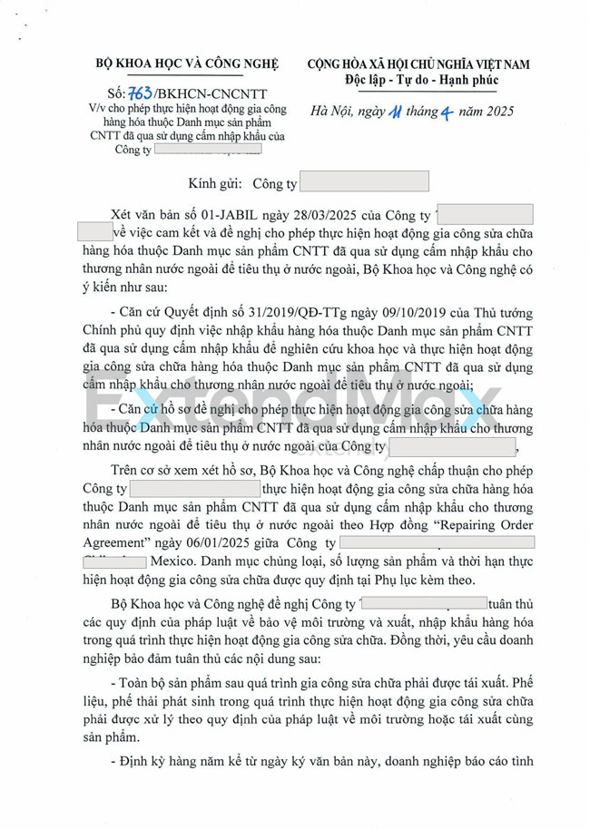 Mẫu giấy phép gia công sản phẩm CNTT cũ 