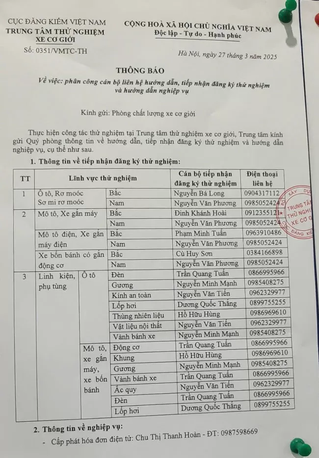 Thông báo của VMTC về cán bộ hướng dẫn, tiếp nhận đăng ký thử nghiệm