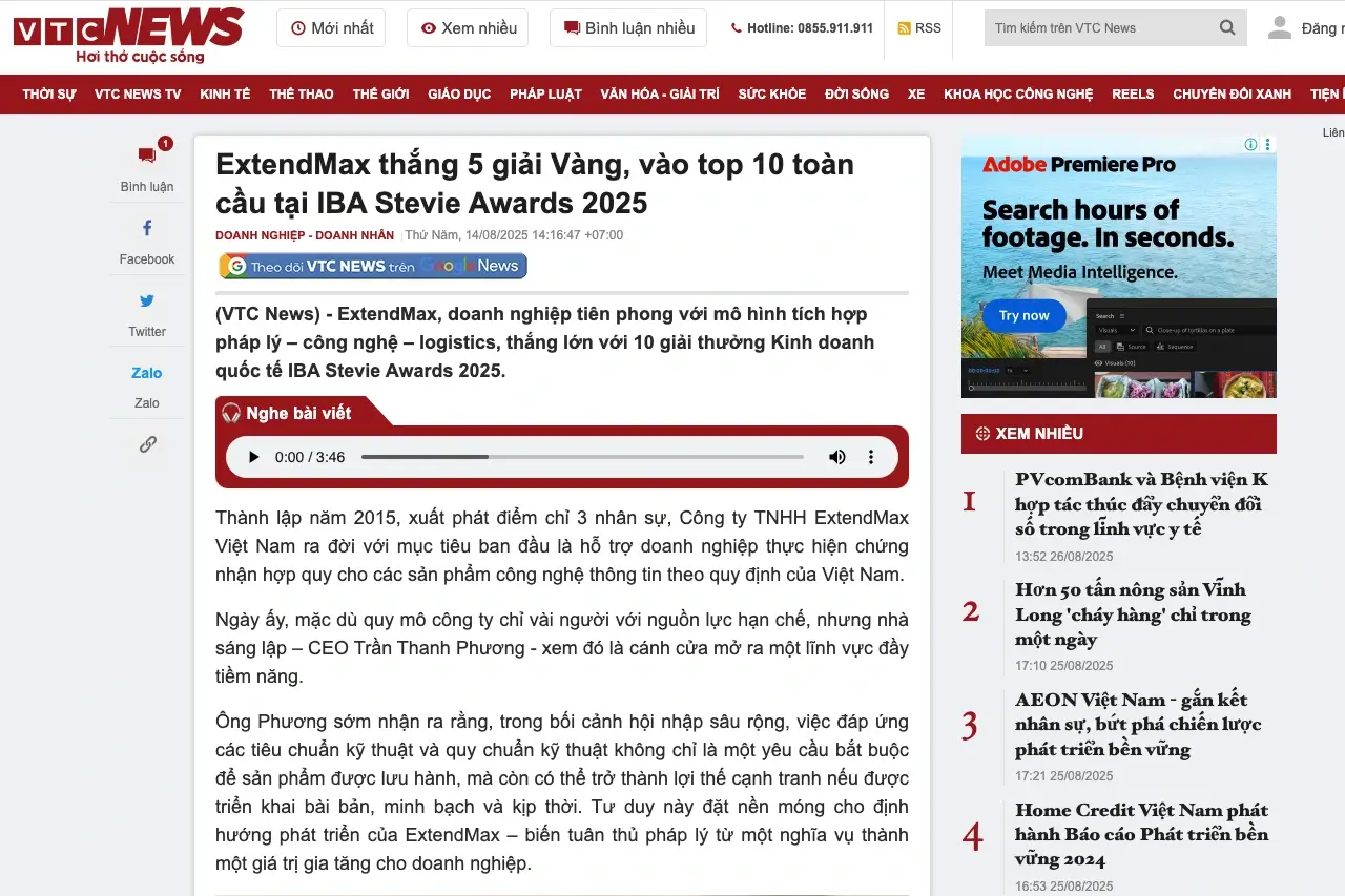 ExtendMax được ghi nhận lọt vào top 10 toàn cầu các công ty thành công nhất tại mùa giải IBA Stevie Awards 2025.