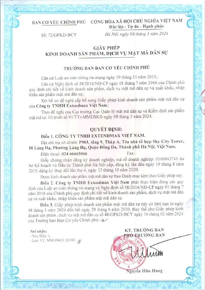Vietnam civil cryptography trading license template