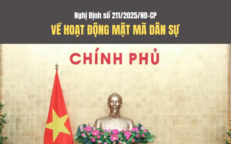 Nghị định số 211/2025/NĐ‑CP về hoạt động mật mã dân sự, đồng thời sửa đổi, bổ sung một số điều của Nghị định 15/2020/NĐ‑CP về xử phạt vi phạm hành chính trong các lĩnh vực như bưu chính, viễn thông, tần số vô tuyến điện, công nghệ thông tin và giao dịch điện tử