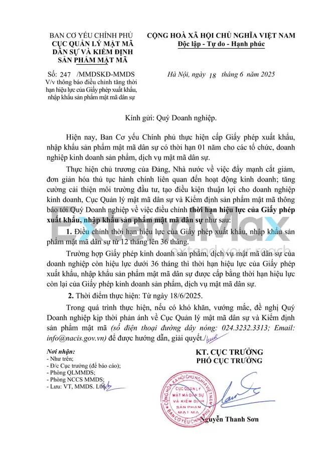 Cục QLMMDS&KDSPMM thông báo điều chỉnh thời hạn hiệu lực giấy phép