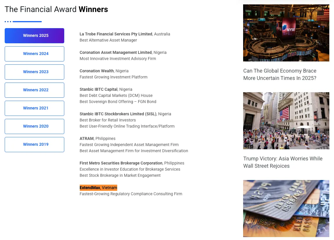 Tạp chí The Global Economics trao tặng ExtendMax giải thưởng