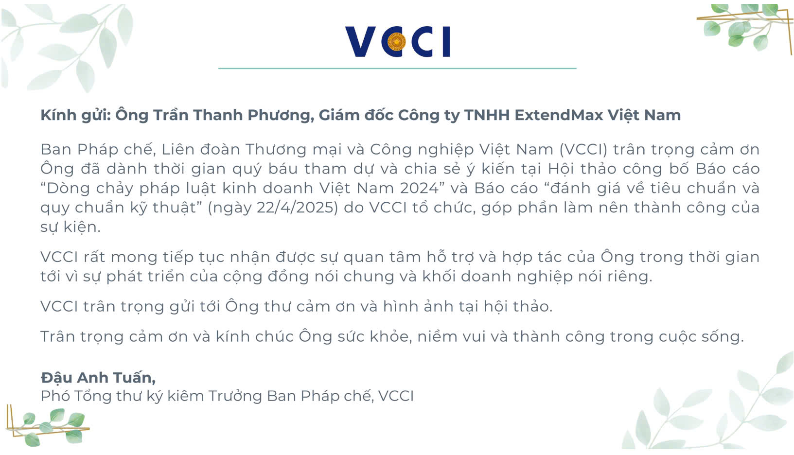 VCCI gửi thư cảm ơn sau sự kiện