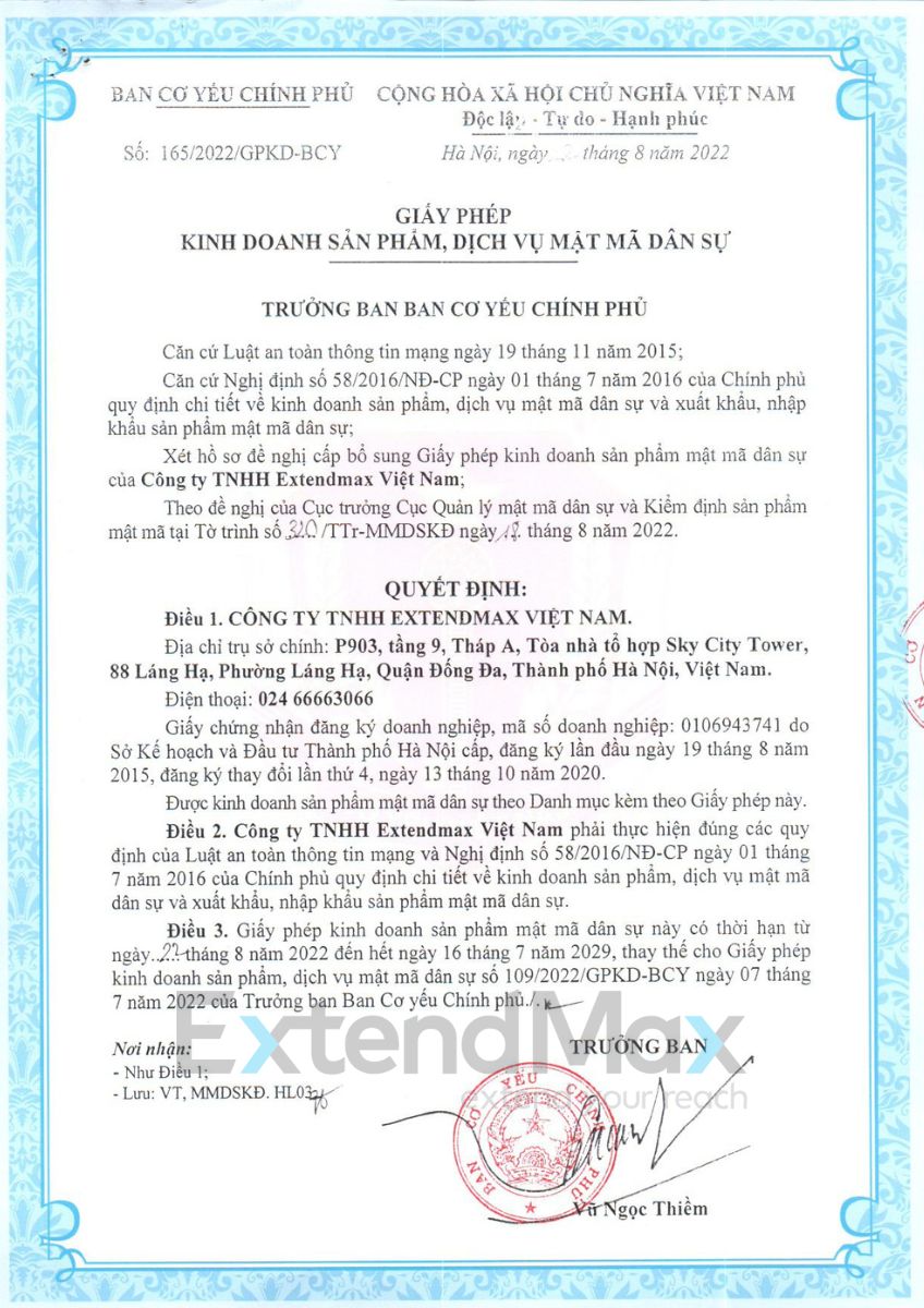 Giấy phép kinh doanh sản phẩm mật mã dân sự của ExtendMax