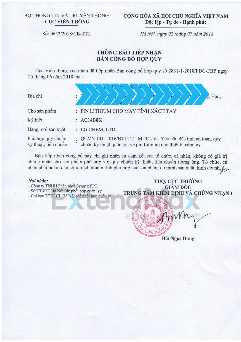 MIC ICT Declaration of Conformity for Lithium battery used for Laptop
